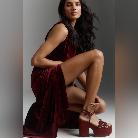 Anthropologie Stone-Detail Ankle-Strap Platform Heels Maroon W/ Olive Stones 10 - Picture 2 of 3